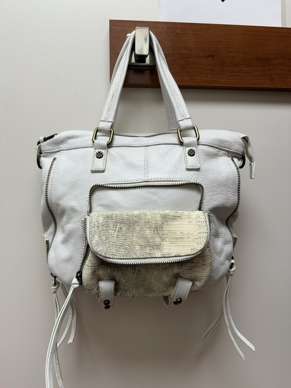 JOELLE HAWKENS WHITE SNAKE LEATHER SHOULDER BAG – 34 INCH CROSSBODY STRAP