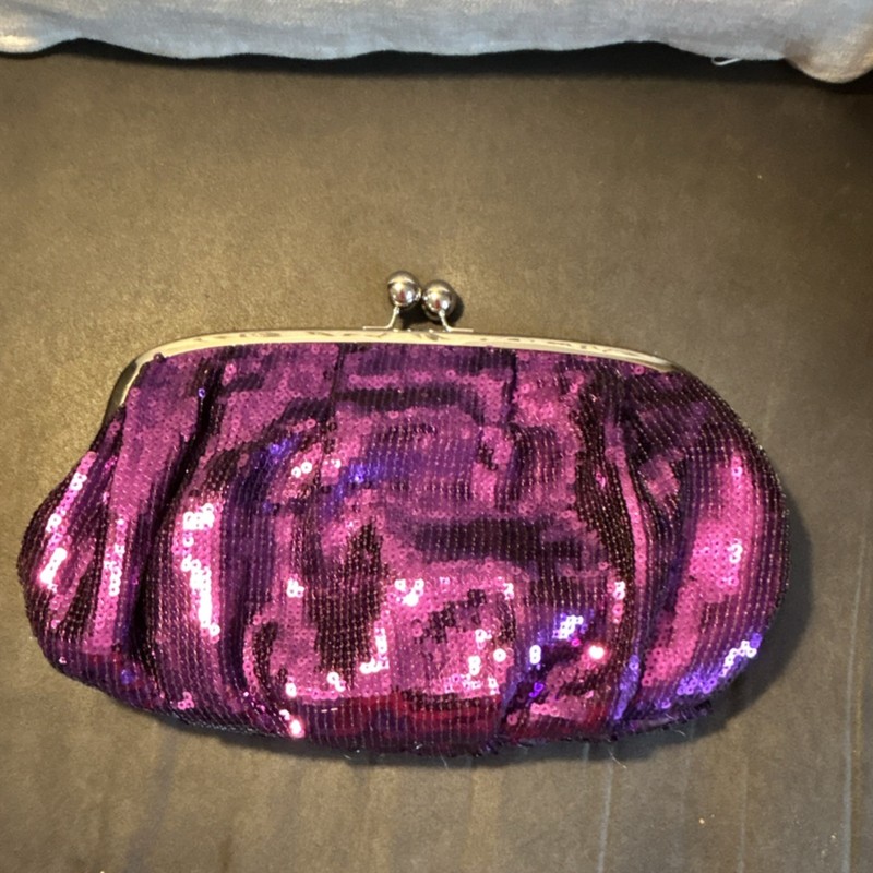 Moschino Purple Sequin Clutch Kiss Lock Silver Hardware Lined Inner Pocket