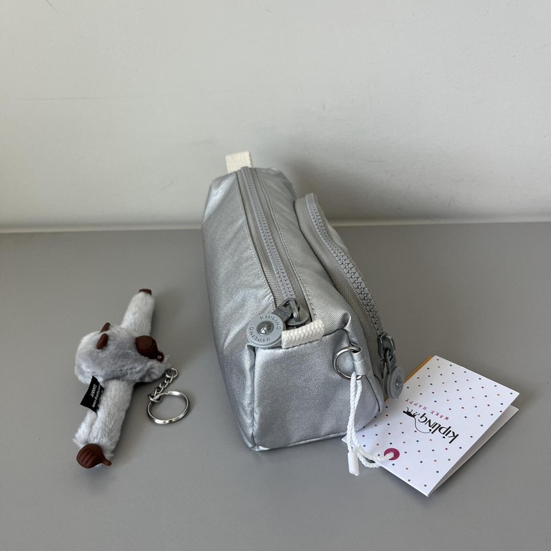 Kipling Cute Pencil Pouch Metallic Silver with Monkey Charm NWT gallery