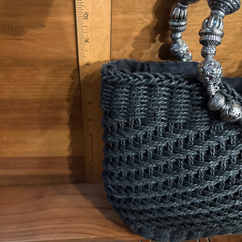 Cappelli Straw Handbag, Black with Round Beaded Silver Handles gallery