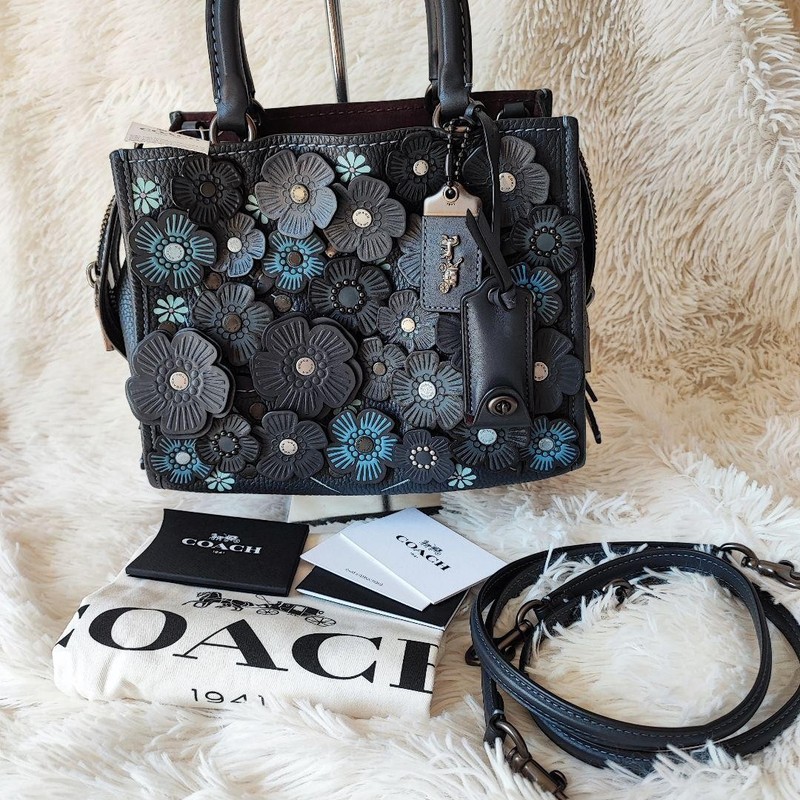 Coach Rogue 25 58840 Tea Rose Shoulder Bag Handbag Navy Leather Authentic