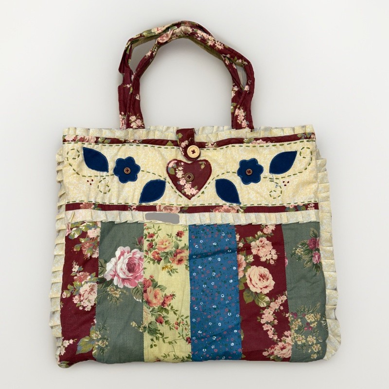 Patchwork Quilted Cottagecore Tote Bag Floral Ruffle Heart Cotton Blend