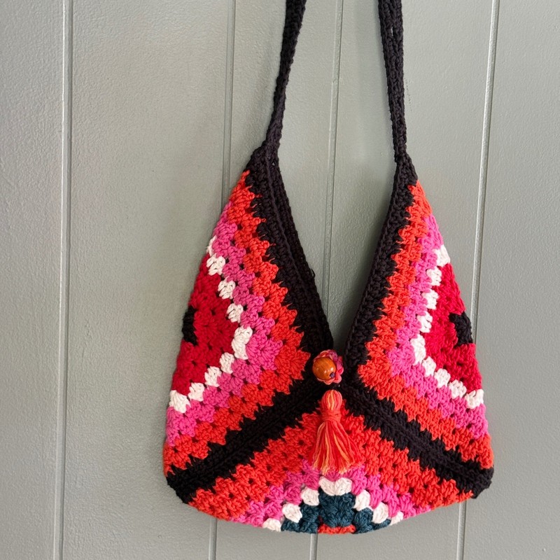 Handmade Crochet Granny Square Shoulder Bag Pink Red Black Boho Tassel Festival