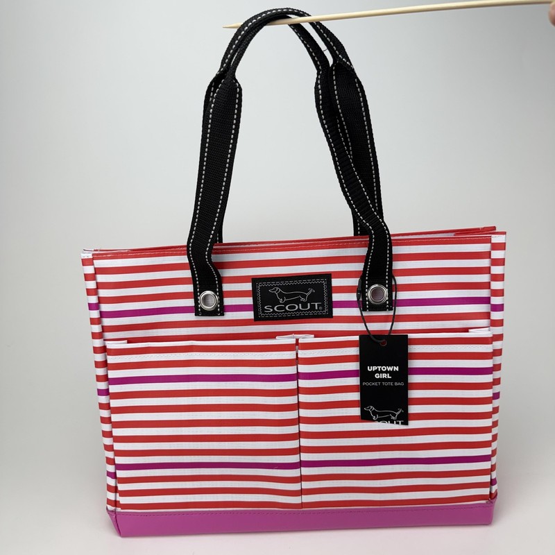 SCOUT Uptown Girl Pocket Tote Bag Red Pink Stripe Water Resistant 16x12x5.5