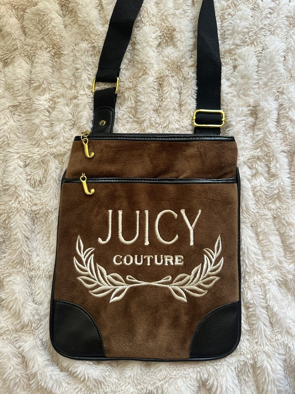 Y2K Juicy Couture Brown/Black Gold Velour Crossbody Bag Medium 10×12 in. Rare