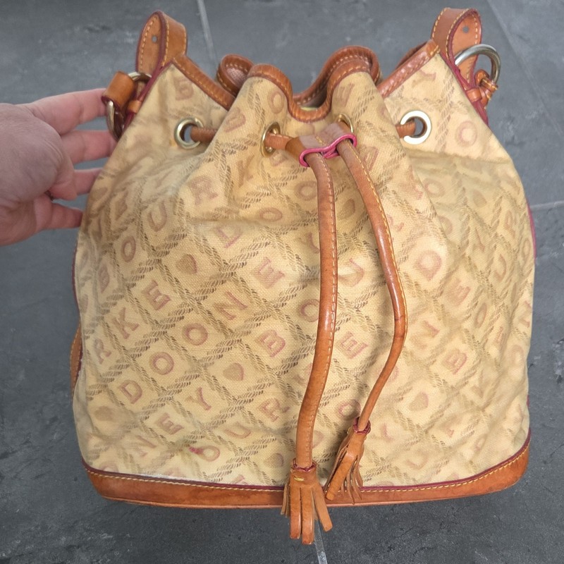 Vintage Dooney & Bourke Crossword Drawstring Bucket Bag Heart Charm