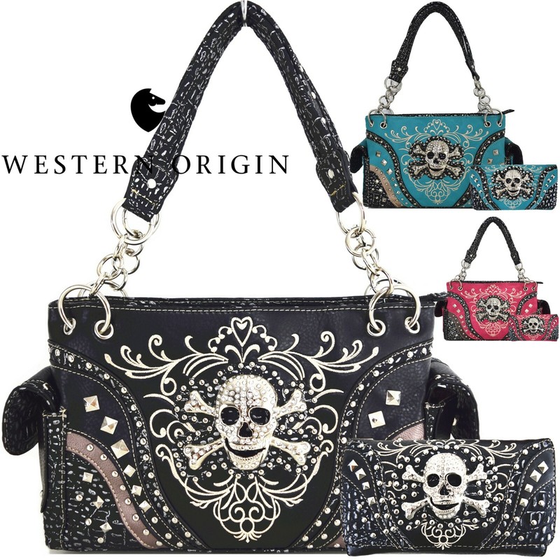 Rhinestone Skull Punk Concealed Carry Purse Women Handbag Shoulder Bag / Wallet
