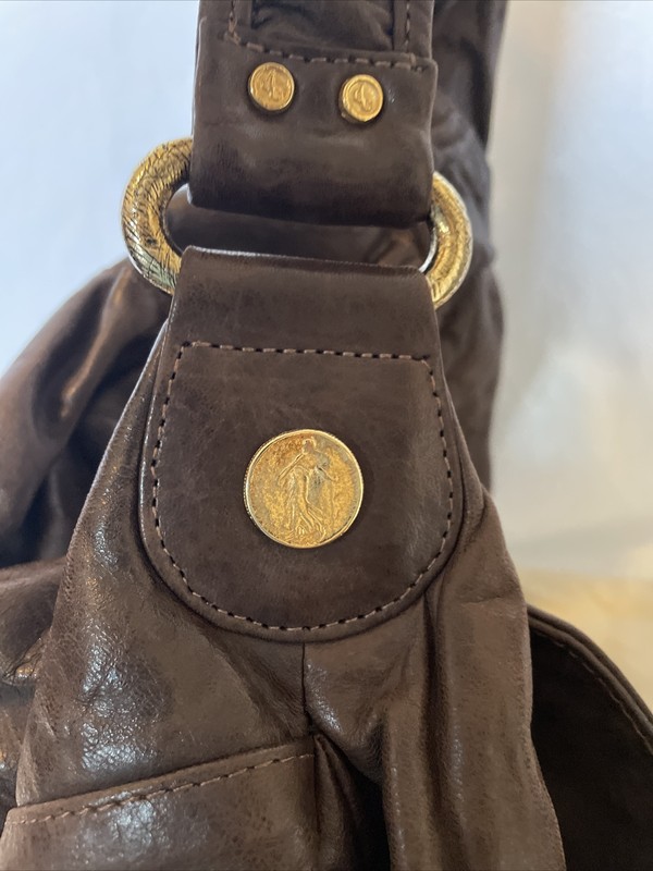RARE DOMINIQUE COHEN SOFT BROWN LEATHER GOLD TONE GODDESS COIN PURSE gallery