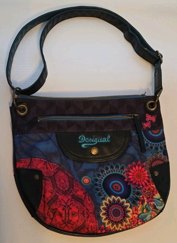 DESIGUAL Brooklyn Embroidered Canvas & Leather Crossbody Bag Blue, Teal, Pink