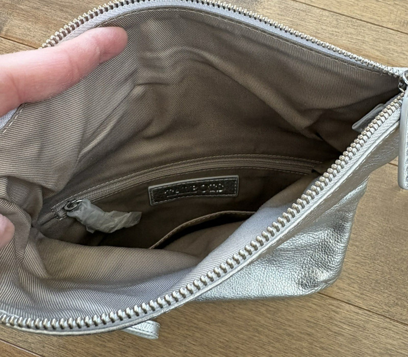 Talbots Pebbled Leather Foldover Metallic Silver Clutch NWOT Event Glam Classic gallery