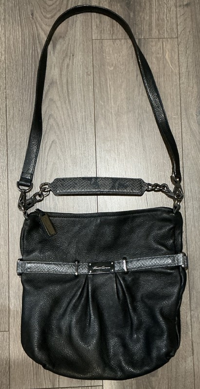 Kenneth Cole Bucket Bag Purse Pebbled Black Leather Shoulder Top Handle Pleated