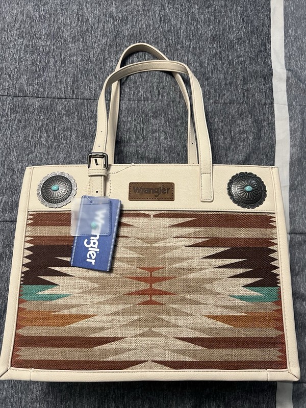 Wrangler Western Aztec Geometric Beige Tote Zip Strap Pockets Silver Hardware
