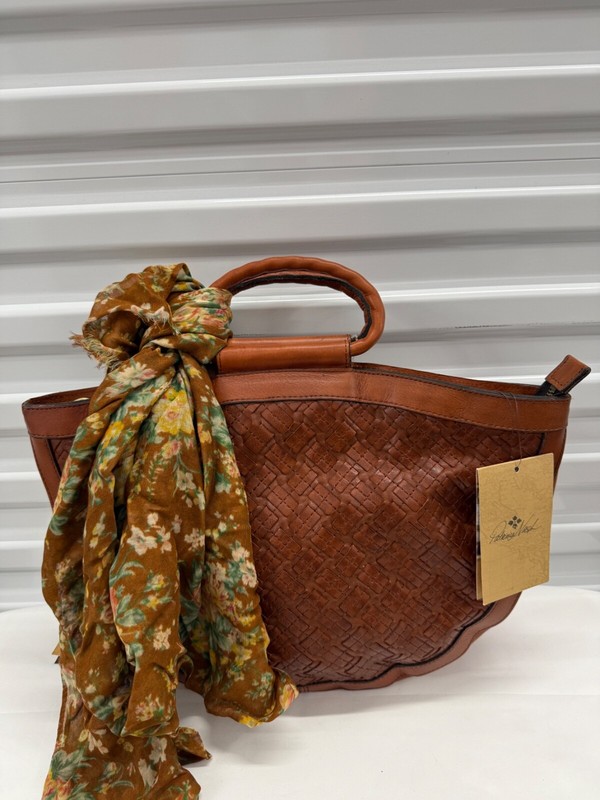 Patricia Nash TOAST COGNAC Oliena Braided Leather Satchel PURSE W/ FREE SCARF