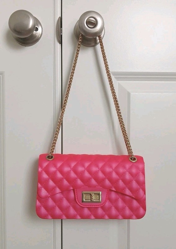 Pink Plastic Quilted Jelly Purse Gold Chain Strap Shoulder Crossbody Turn Lock