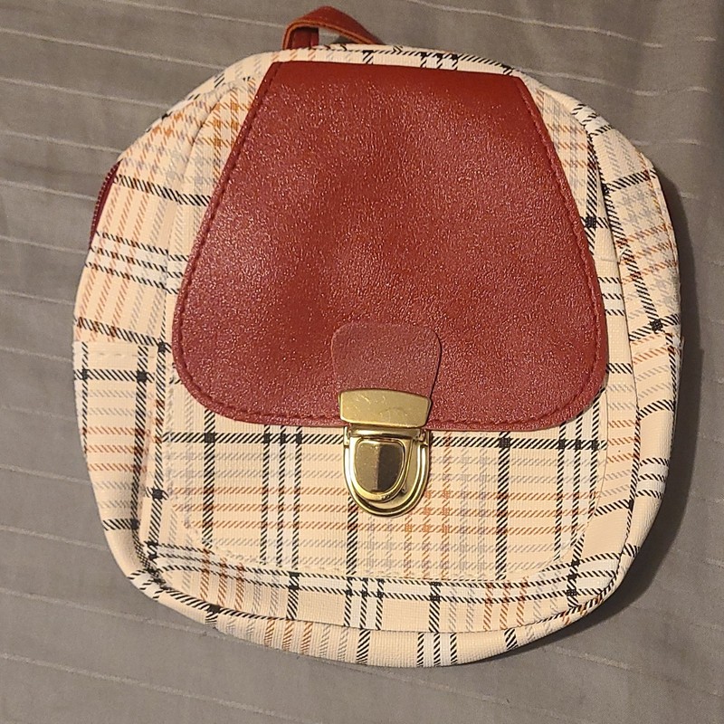 Women’s Plaid Small Round Mini Backpack Purse Beige/Brown Push Lock Gold