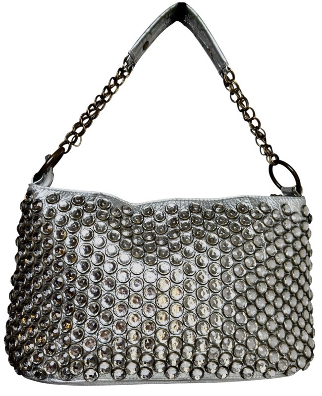 Betsey Johnson Y2K Rhinestone Shoulder Bag Silver Leather Studded Crystal Purse