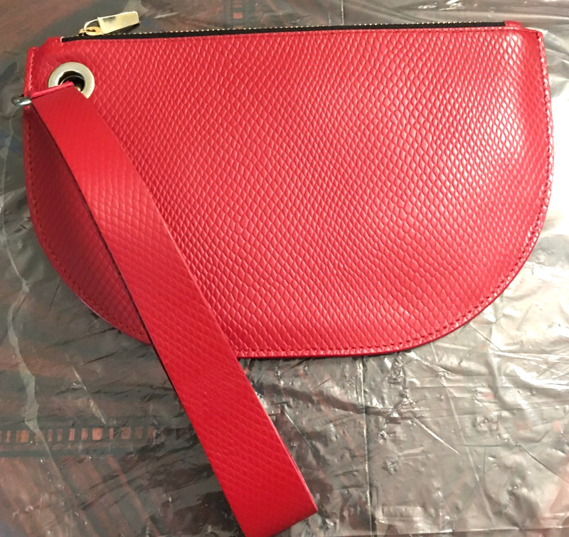 PUNTO FIBBIA Half Circle Wristlet Clutch Cowhide 100% Genuine Red Leather