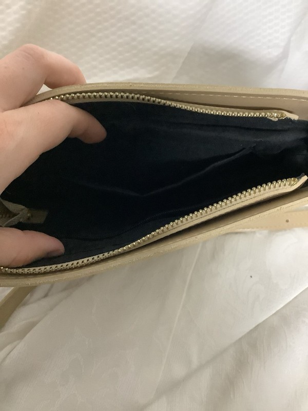Women’s Beige Semi-Circle Crossbody Bag Gold Hardware Zip Closure Lined gallery