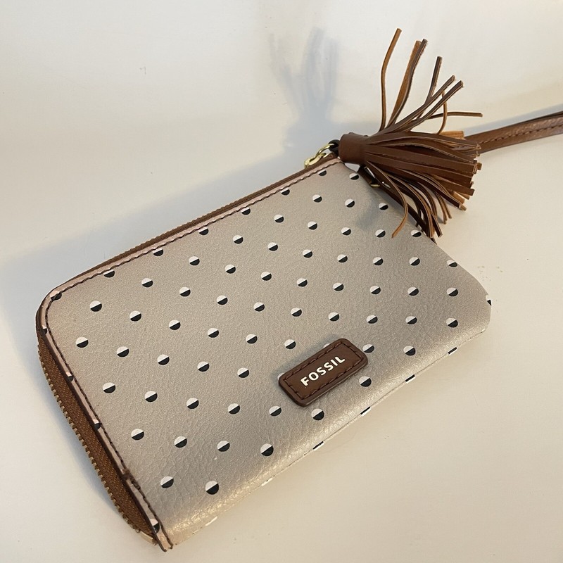 Fossil Gray Leather Black & White Polka Dot Wristlet w/ Brown Tassel