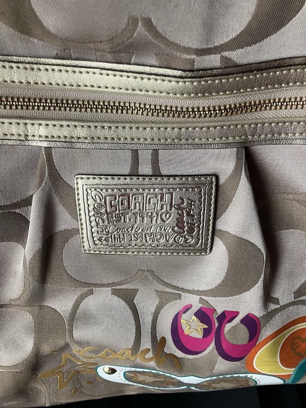 Coach Beige Gold Multicolor Glitter Logo Print Shoulder Bag Heart Charm gallery