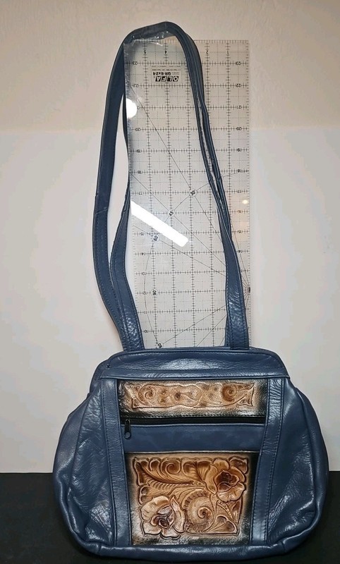 Handmade Periwinkle Blue Embossed Genuine Leather Floral Zippered Shoulder Bag