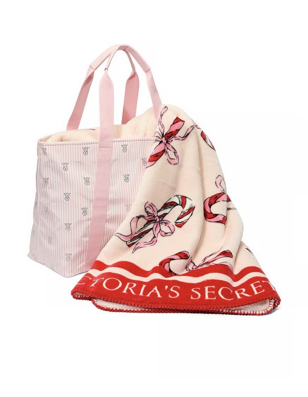 Victoria’s Secret Pink Shine Tote Bag Candy Cane Blanket Set Limited Edition ’25