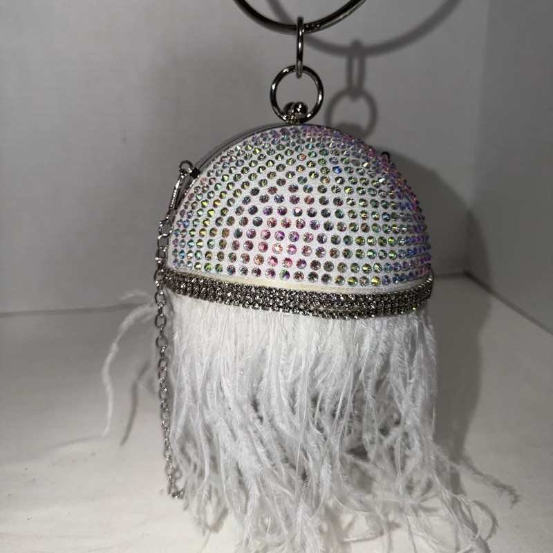 Rhinestone & Iridescent Stones with Faux Ostrich Feathers, 6 Inch Round Purse