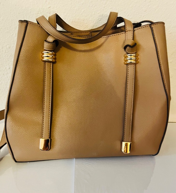 Anne Klein Taupe Pebbled Leather Dome Satchel Handbag WithGold Hardware