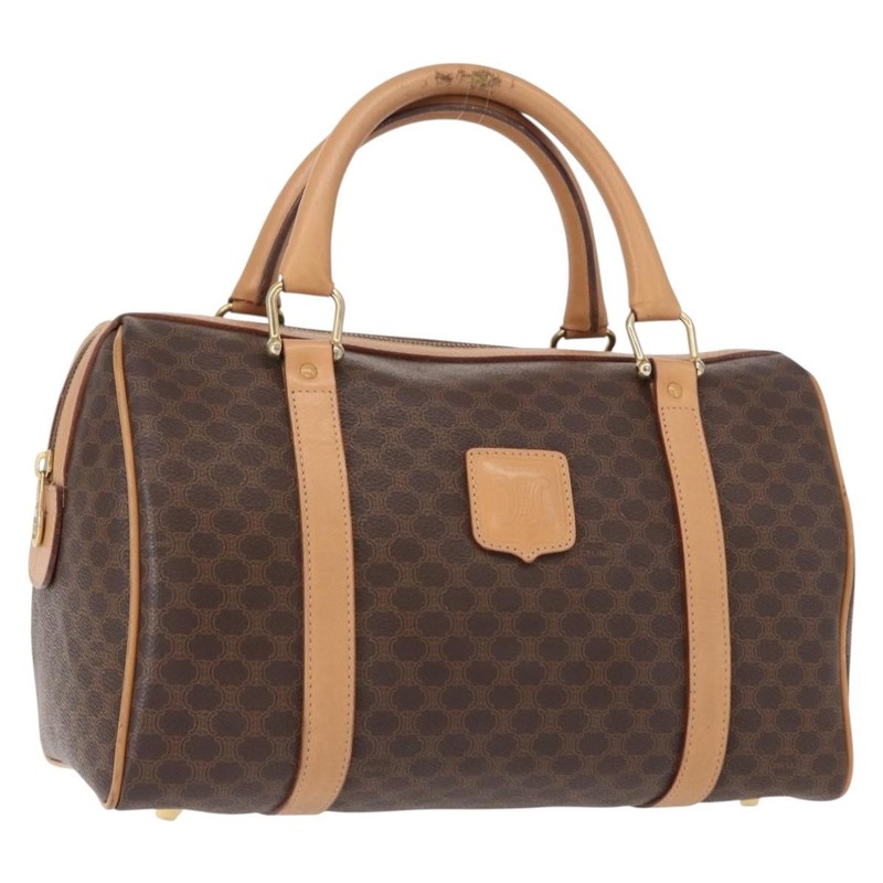 CELINE Macadam Canvas Boston Bag PVC Brown Gold Auth 152724