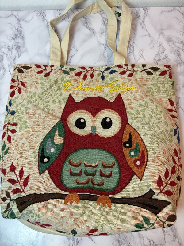 Owl Tapestry Embroidered “Puerto Rico” Tote Bag Purse Fall Leaves