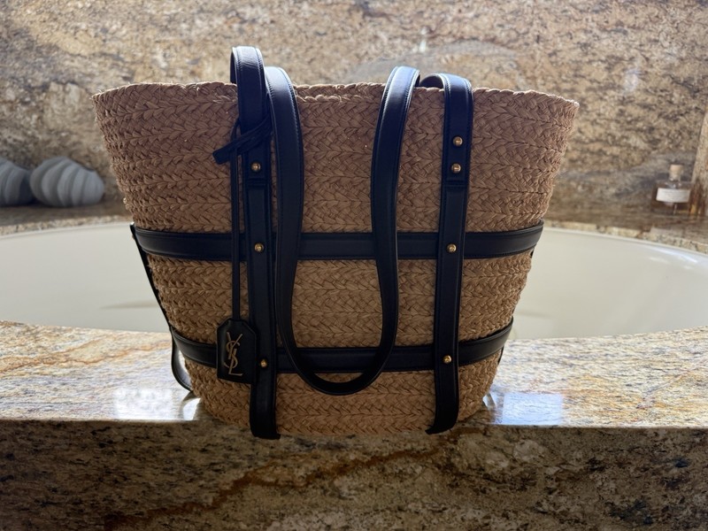 Saint Laurent Panier Raffia Cage Tote Natural/Black Gold HW EUC $2,750