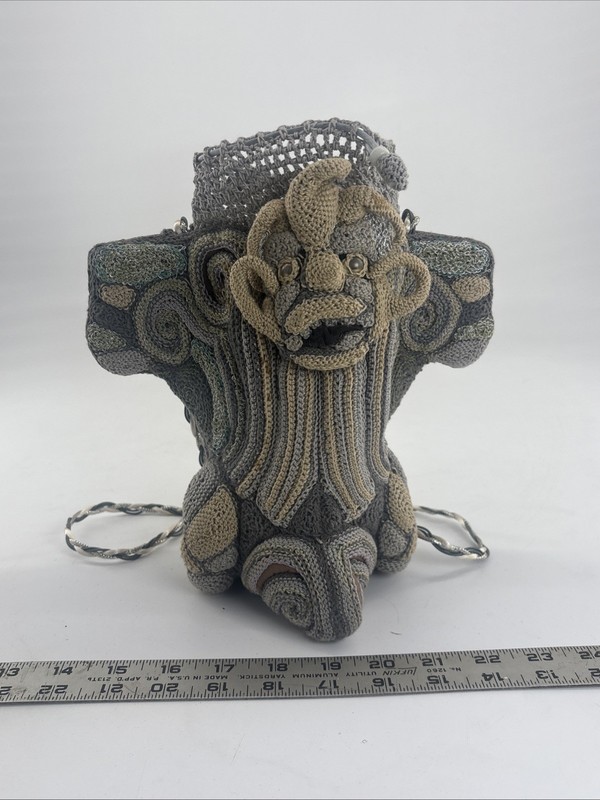 OOAK Handmade Crocheted Fiber Art Sculptural Demon Face Purse Bag Bottle Holder?