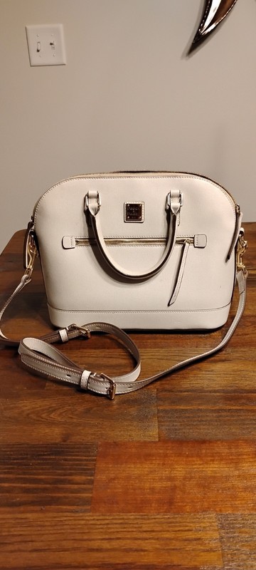 Dooney & Bourke Saffiano Domed Zip Satchel Ecru Blue Pinstripe Lining Flawed