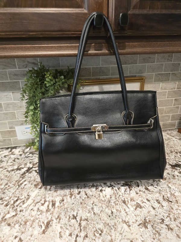Black Satchel Top Handle Bag Turn Lock Silver Hardware Stitching Bottom Studs