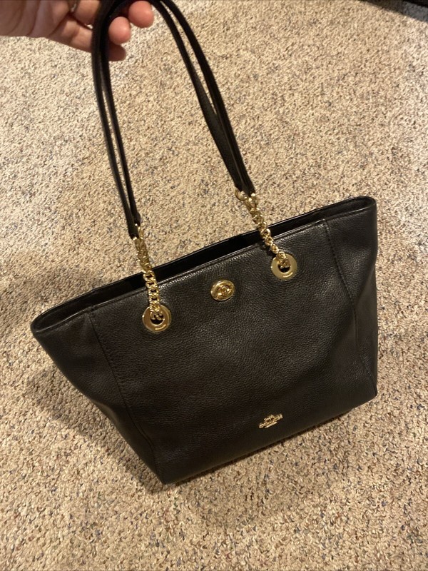 Coach 57107 Turnlock Chain Tote Black Leather Shoulder Bag Gold Chain gallery