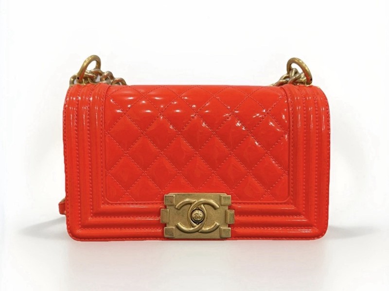 CHANEL Boy Bag Fluo Orange Quilted Patent Handbag