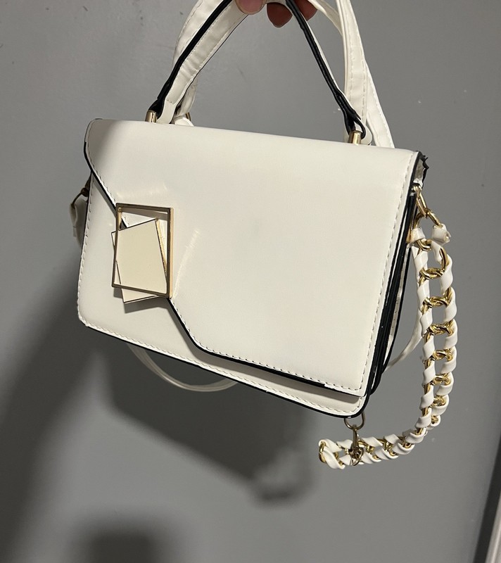 White Patent Small Crossbody Bag Top Handle, Detachable Strap, Gold Chain
