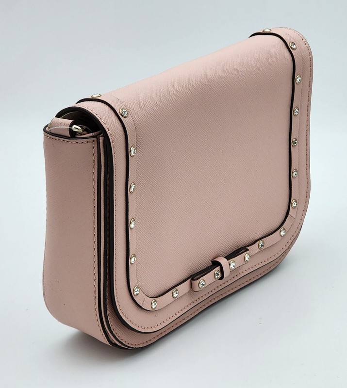 KATE SPADE Laurel Way Jeweled Crossbody Flap Bag Pink Saffiano Leather Crystals gallery