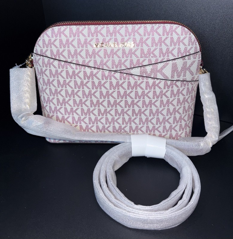 Michael Kors Jet Set Travel MD Dome Crossbody Cherry Multi Pink MK Signature NWT