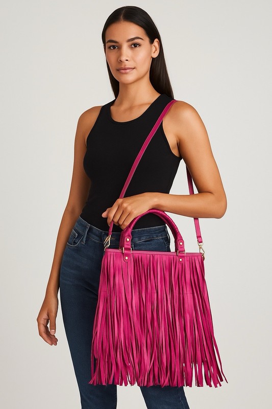 Y2K Vintage B-Low The Belt Twiggy Fringe Satchel Bag Pink Leather Boho Hippie
