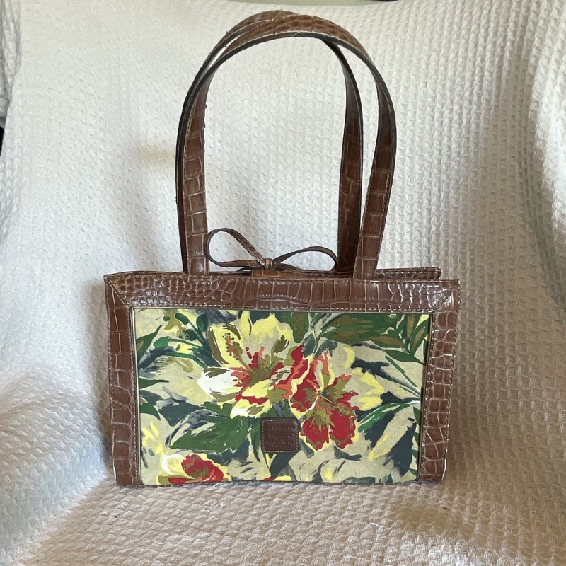 Liz Claiborne Floral Tote Bag Brown Multicolor Zip Lined Pockets Silver