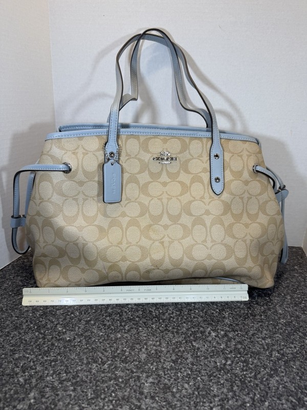 Coach F57842 Signature Drawstring Carryall Tote Light Khaki Pale Blue Purse gallery
