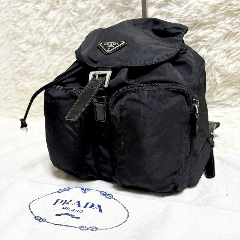 PRADA Nylon Backpack Black Triangle Logo Drawstring Flap Buckle Authentic