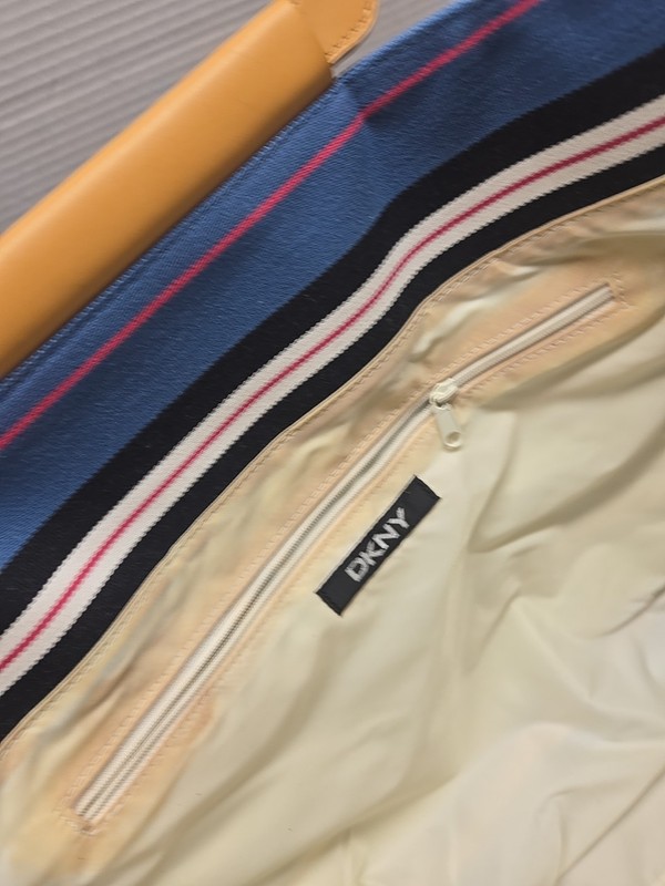 DKNY City Striped Canvas Tote Bag Multi Color Blue Black Tan Handles gallery