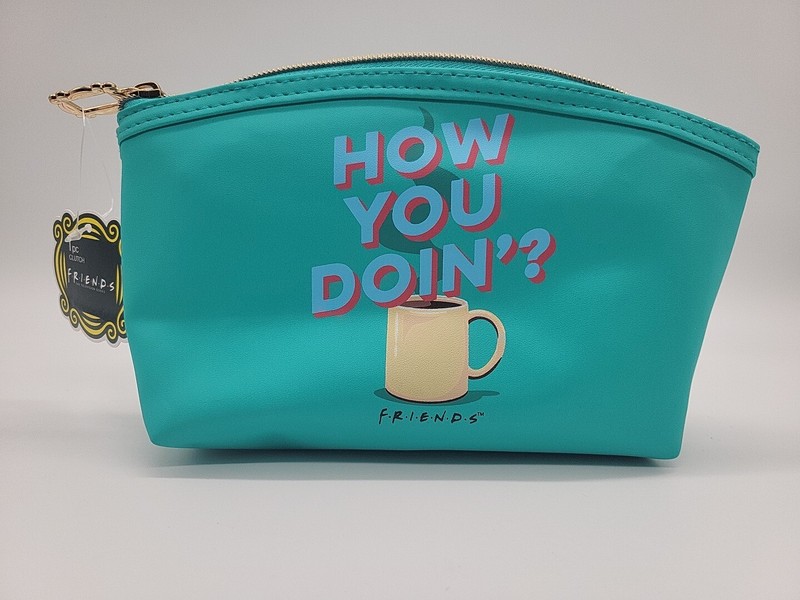 Friends How You Doin’? Coffee PVC Rectangle Zip Top Makeup Clutch Teal 8x6x2 in