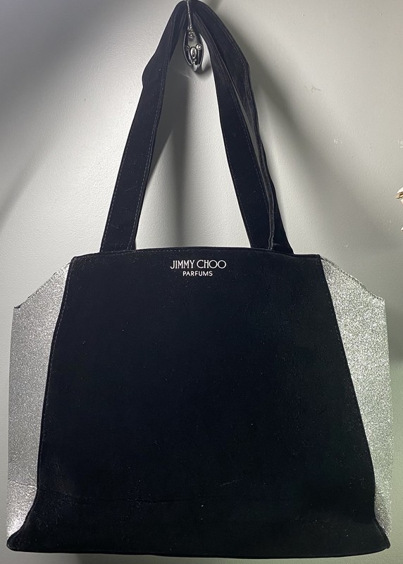 Jimmy Choo Parfums Tote Bag Black Velvet Silver Glitter Large NWOT 12x18x5”