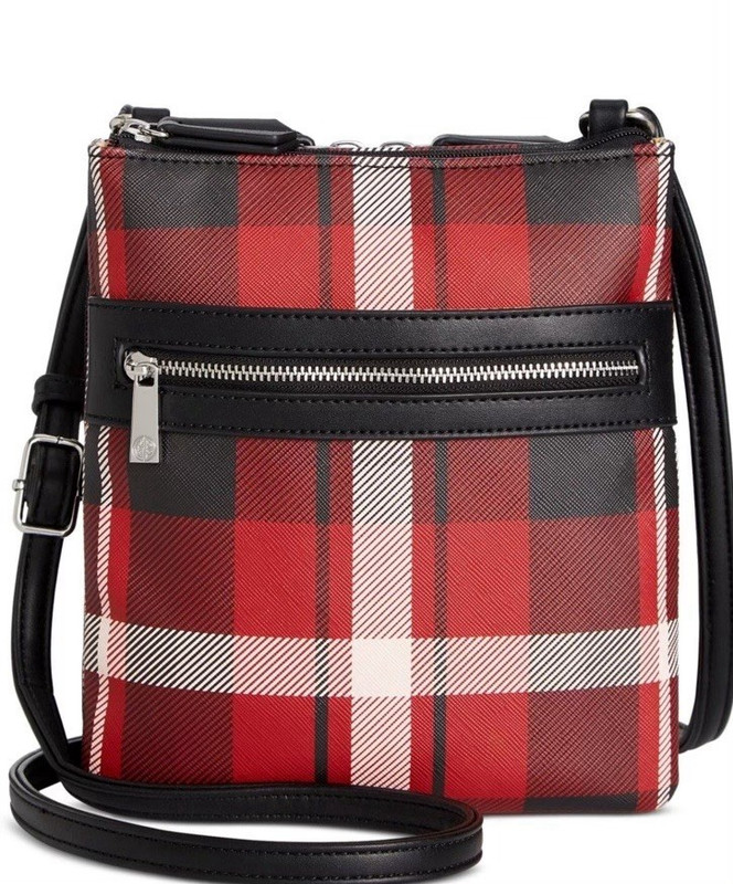 Plaid Red Black White Crossbody Bag Zip Closure Silver Hardware Outer Pocket