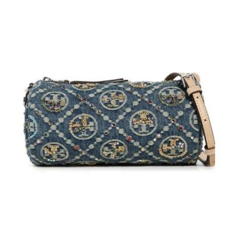 Tory Burch Monogram Denim Embellished Cylinder Bag