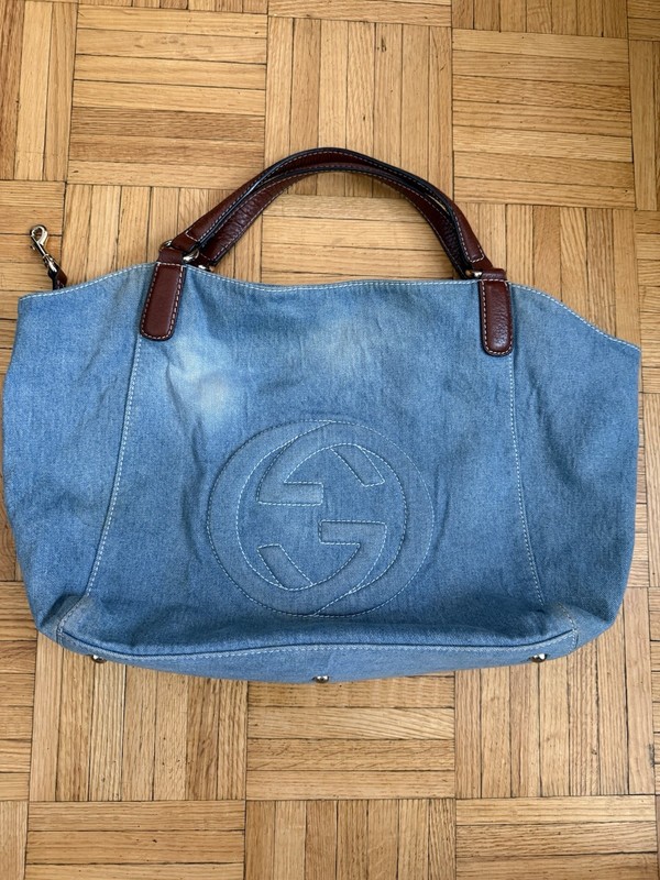 Gucci Denim Soho Tote Light Blue Denim with Brown Leather Handles