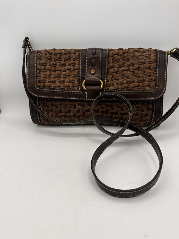 VTG Fossil Crossbody Bag Woven Jacquard Purse Brown Leather Trim & Strap Clean